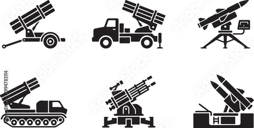 Set of military missile launchers and rocket systems icons, vector illustration in flat design style