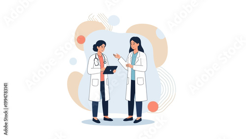 Two female doctors discussing medical information on a tablet, abstract background