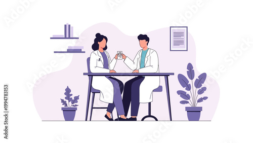 Two doctors in white coats sitting at a table, discussing medical information.
