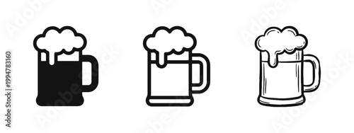 Beer mug with foam icon set in flat, outline, and hand-drawn doodle styles