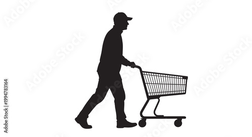 Silhouette of a man pushing a shopping cart on a white background