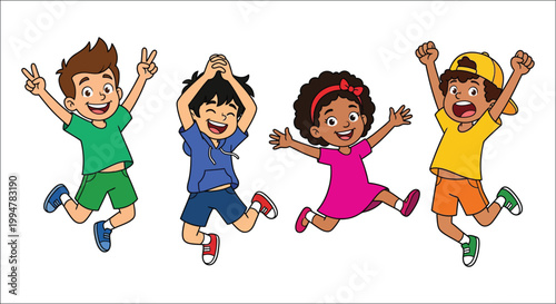 Four joyful children jumping with arms raised in a cartoon illustration