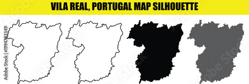 Vila real portugal map silhouette vector illustration in white outline filled and dotted styles.