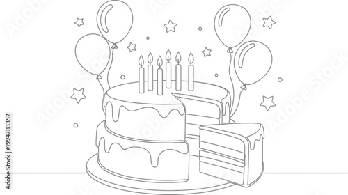 A drawing of a birthday cake with balloons and candles on top present