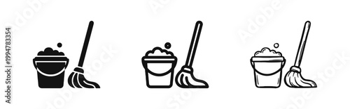 Cleaning bucket and mop icon set, sanitation and housekeeping symbol in silhouette, monoline, and hand drawn styles