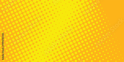 Yellow halftone pattern. Retro comic gradient background. Bright orange pixelated dotted texture overlay concept. texture