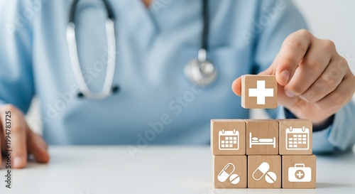 Healthcare medical insurance concept with wooden blocks, doctor hand stacking health icons, clinical service and hospital management planning