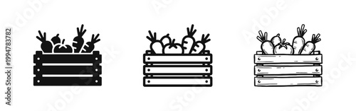 Vegetable crate icon set, fresh harvest and local produce symbol in silhouette, monoline, and hand drawn styles