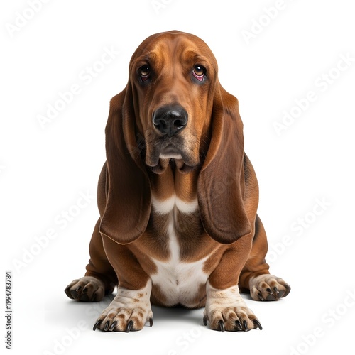 Basset hound dog sitting and looking forward