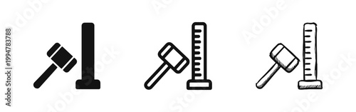 Gavel and high striker icon set, strength test and auction symbol in silhouette, monoline, and hand drawn styles