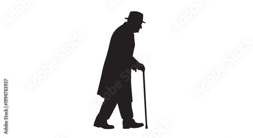 Silhouette of an elderly man walking with a cane against white