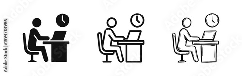 Person working at desk icon set, office worker and time management symbol in silhouette, monoline, hand drawn