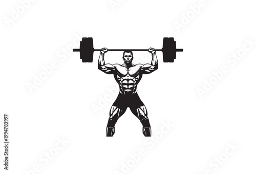 Muscular man lifting weights, fitness icon, gym symbol, workout illustration, vector graphic