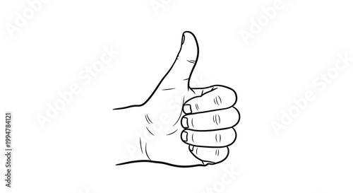 A simple black and white line drawing depicts a hand giving a thumbs up gesture symbolizing approval
