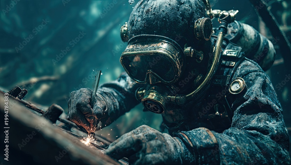 Fototapeta premium Underwater Welder Performing Repairs on Submerged Structure.