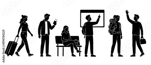 Travelers at Airport Silhouette Set, Group of People Waiting for Departure at Terminal Gate, Business Trip and Vacation Tourism Concept, Minimalist Black and White Vector Illustration Icon Collection