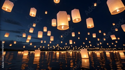 Floating sky lanterns night festival glowing lights reflection water celebration scene