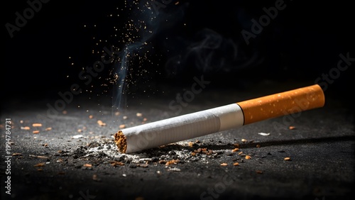 Burning cigarette close up smoke ash dark background stop smoking health danger concept