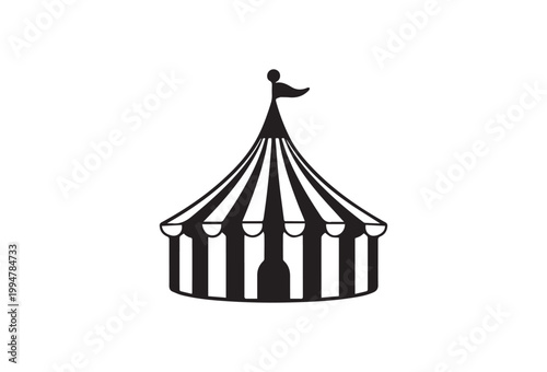Black and white circus tent icon, striped carnival roof, festival symbol, event logo