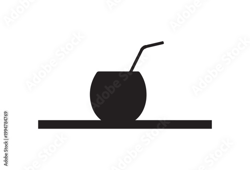 Black drink icon, beverage symbol, straw cup, vector graphic