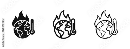 Global Warming and Climate Change Icon Set with Earth on Fire and Thermometer Symbols
