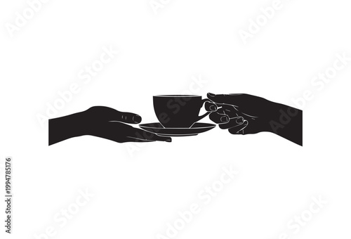 Black hands passing coffee cup, serving tea, hands holding mug, beverage exchange