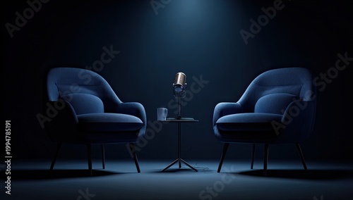 Two Empty Armchairs Facing Each Other With A Microphone On A Small Table Between Them.