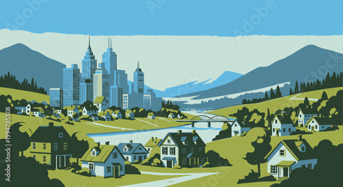 A panoramic summer travel view of an old European mountain town featuring traditional architecture and a church nestled on a green hill overlooking a scenic river landscape