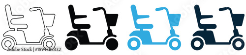 Mobility scooter icon set, delivery truck and electric wheelchair scooter icons, mobility and logistics concept, accessibility transport symbols, clean vector illustration isolated on white background