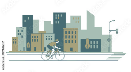 Urban cityscape vector illustration featuring a bicycle on a downtown street with a skyline of skyscrapers and office buildings under a clear sky