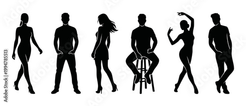 People Silhouettes Set Standing and Sitting Poses Black Icons isolated on white background, group of men and women in various fashion postures for design elements, social diversity and lifestyle colle