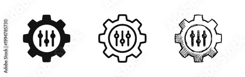Settings and Configuration Icon Set with Gear and Control Sliders Symbols
