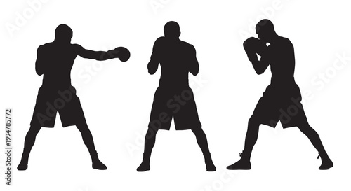 Three silhouetted boxers in dynamic fighting poses against a white background