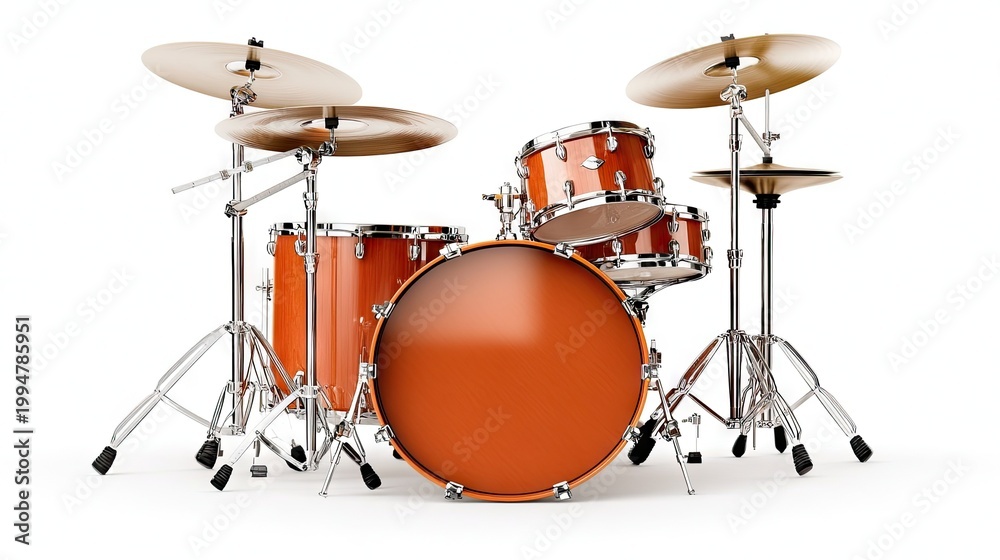 Fototapeta premium A captivating and ultra-detailed illustration of a light brown drum set with cymbals, showcasing impeccable realism and artistry against a pristine white backdrop during the evening hours