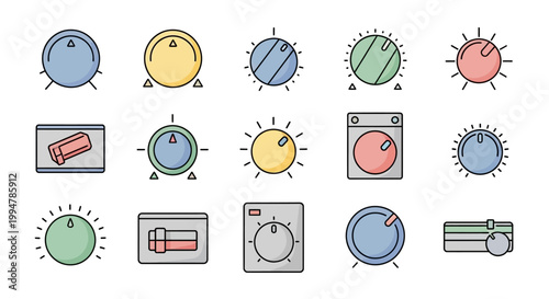 Set of colorful round alarm clock icons with various designs and styles.