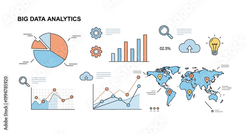 Illustration of big data analytics with charts graphs and global data visualization.