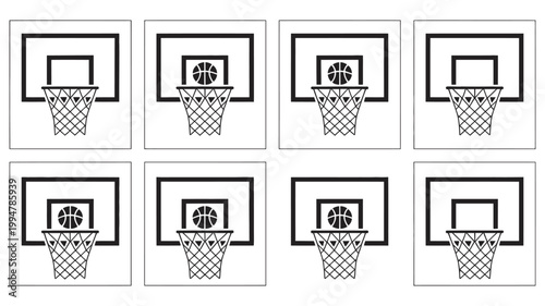 Basketball hoop sequence illustration showing ball motion scoring shot progression sports action training visual concept dynamic movement art design vector.