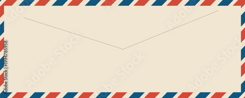 Airmail envelope frame with blue and red stripes on white background. International vintage letter border. Retro air mail postcard. Blank envelope. Vector illustration isolated on white background