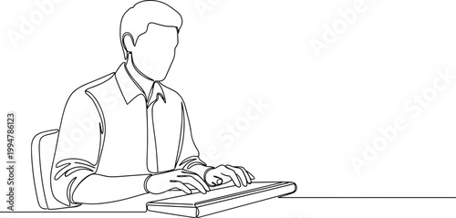 Man typing on keyboard, single line drawing, minimalist, office work, technology concept