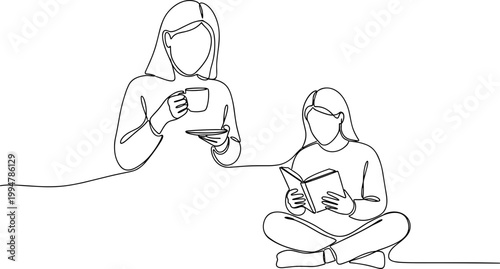 Mother and Daughter Reading Together, One Cup of Coffee, Continuous Line Art
