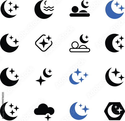 Restorative, sleep icons set featuring crescent moon and stars representing sleep practices and rituals designed for wellness branding, relaxation apps, and healthy lifestyle visual communication.