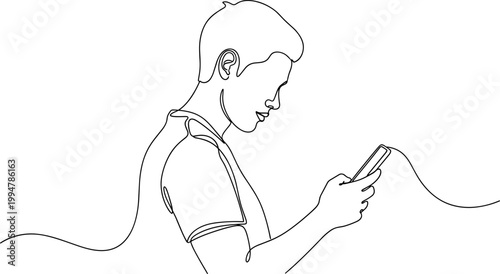 Minimalist Line Art: Young Man Using Smartphone, Focus on Digital Connection