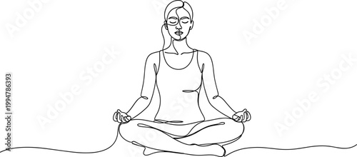 Minimalist continuous line drawing of a woman meditating in lotus pose, yoga and wellness concept.