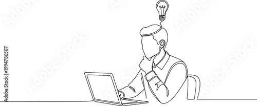 Man with Lightbulb Idea Overhead, Typing on Laptop, Single Line Drawing