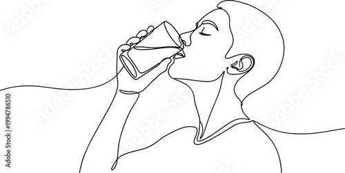 Continuous line drawing of a person drinking water from a glass, minimalist art, hydration concept.