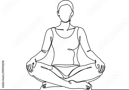 Continuous line drawing of a woman meditating in lotus pose, simple and elegant.
