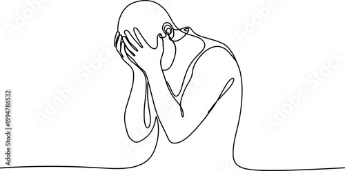 Distressed man one line drawing, covering face in despair, emotional struggle concept