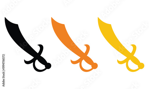 Three stylized scimitars in contrasting colors against a plain background