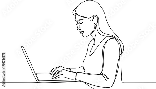 Woman typing on laptop, continuous line drawing, minimalist, focused work, online communication