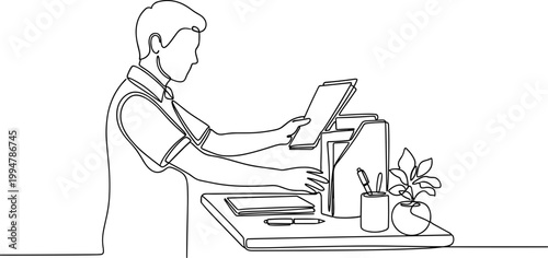 Man organizing papers in file holder at desk, continuous line drawing